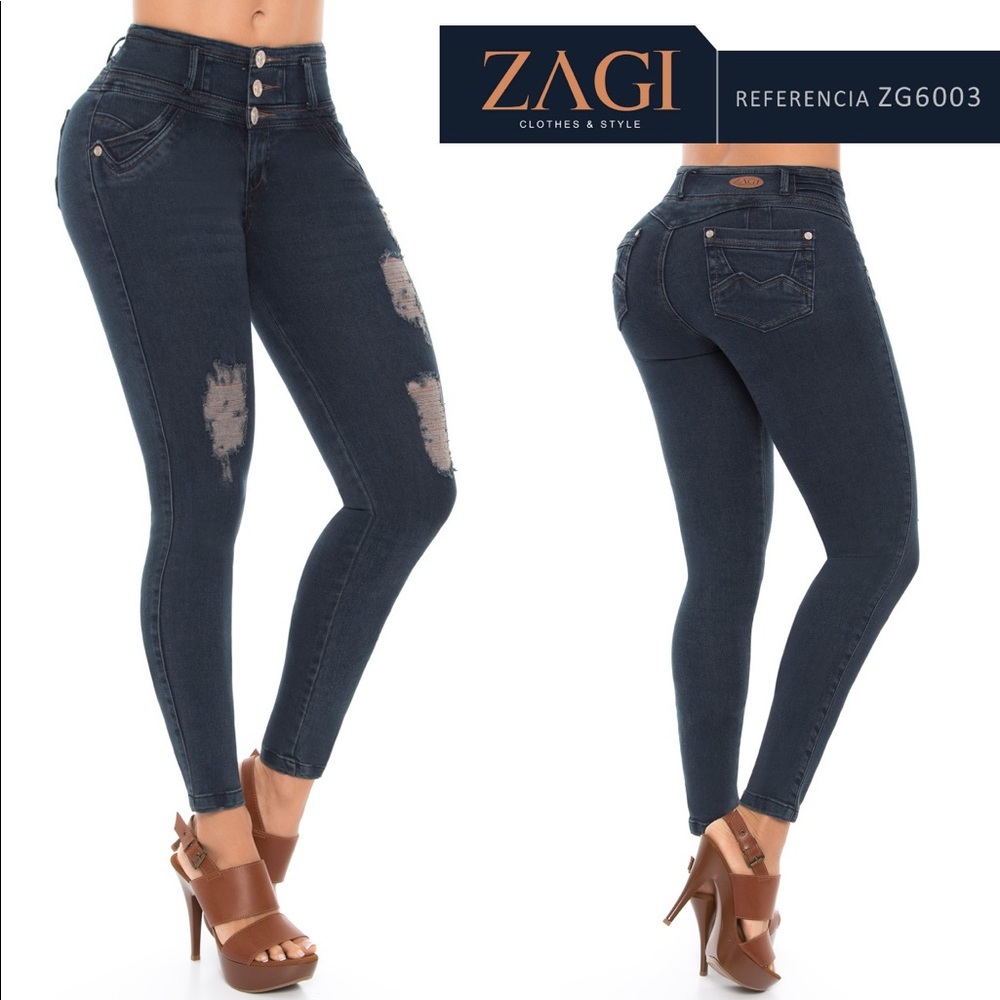 Distressed jean Dark wash in brownish color.